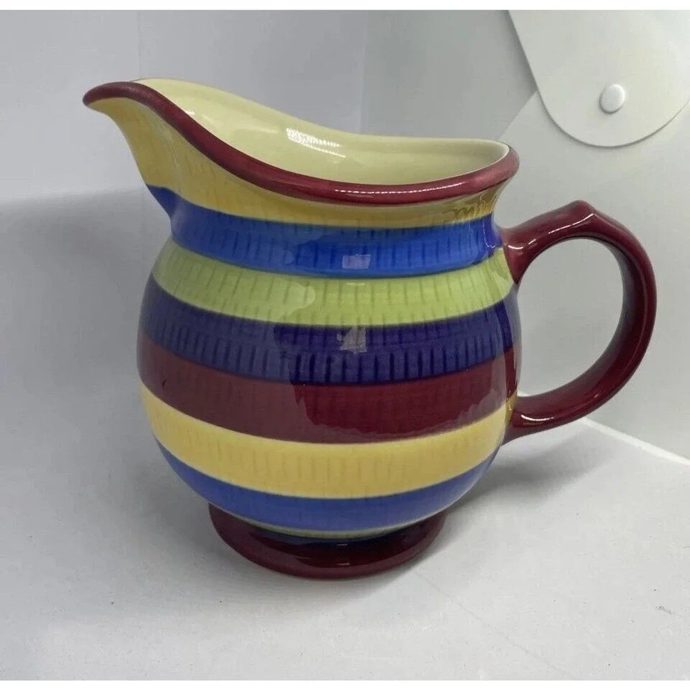 Longaberger Cabana Pottery Pitcher 2 Qt Multi-Color Striped Ceramic